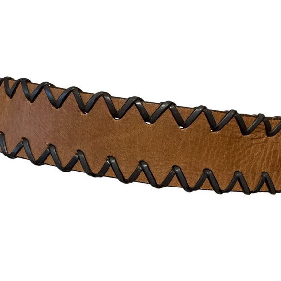 vtg Retro LEATHER Belt OS Adjustable Braid Trim Tan Brown - Picture 4 of 6